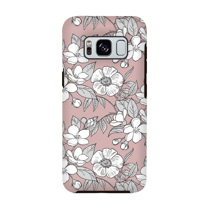 Galaxy S8 StrongFit White Cherry flowers line art drawing on pink by Oana 