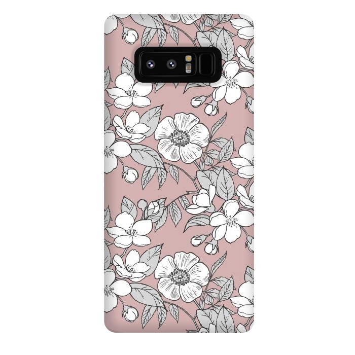 Galaxy Note 8 StrongFit White Cherry flowers line art drawing on pink by Oana 