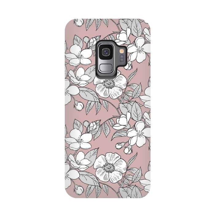 Galaxy S9 StrongFit White Cherry flowers line art drawing on pink by Oana 