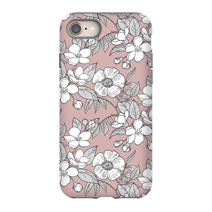 iPhone 8 StrongFit White Cherry flowers line art drawing on pink by Oana 