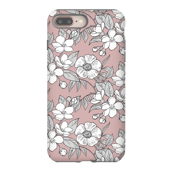 iPhone 8 plus StrongFit White Cherry flowers line art drawing on pink by Oana 