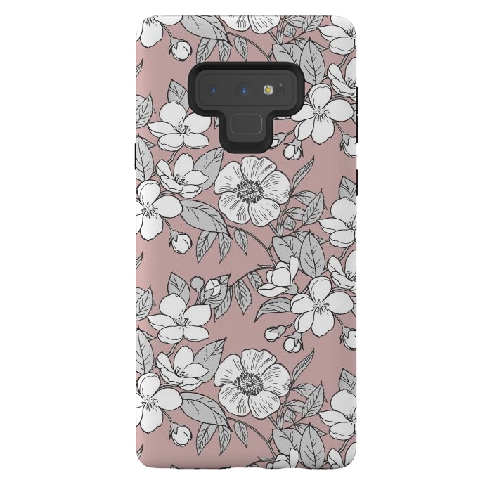 Galaxy Note 9 StrongFit White Cherry flowers line art drawing on pink by Oana 