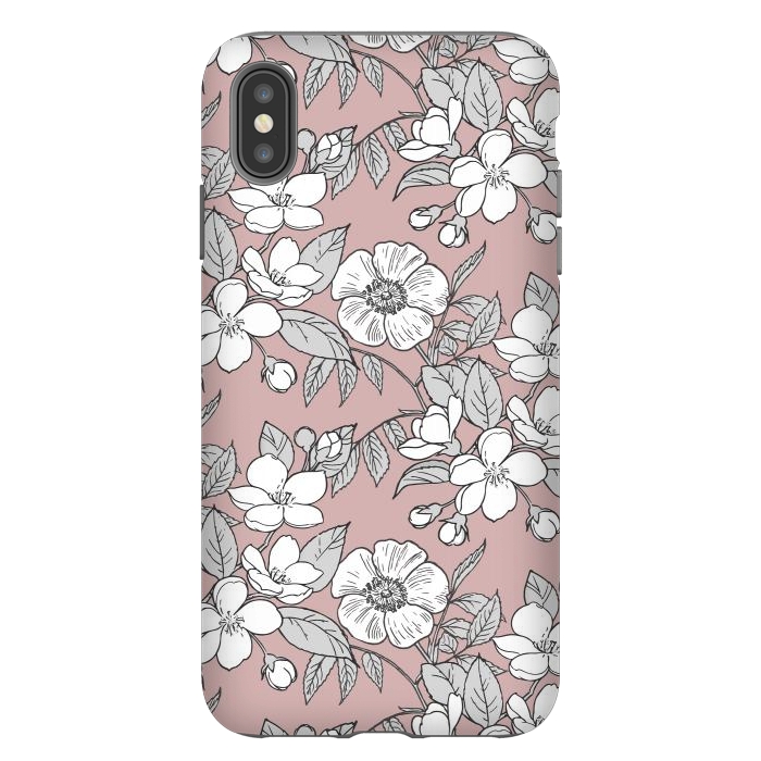 iPhone Xs Max StrongFit White Cherry flowers line art drawing on pink by Oana 