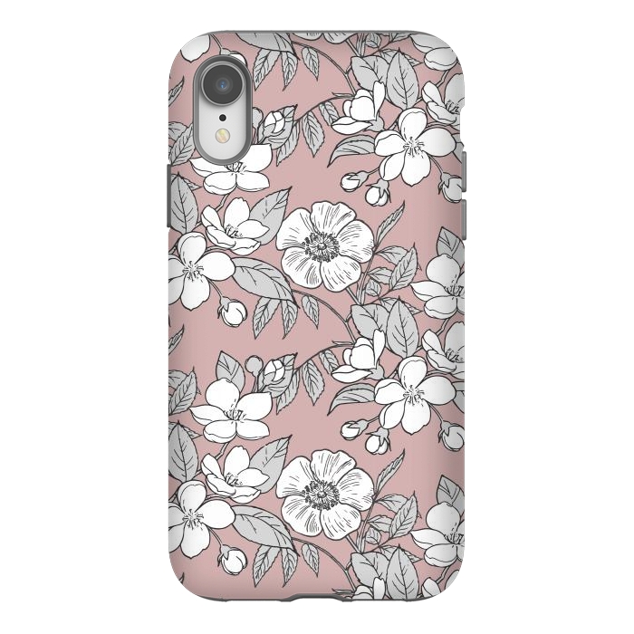 iPhone Xr StrongFit White Cherry flowers line art drawing on pink by Oana 