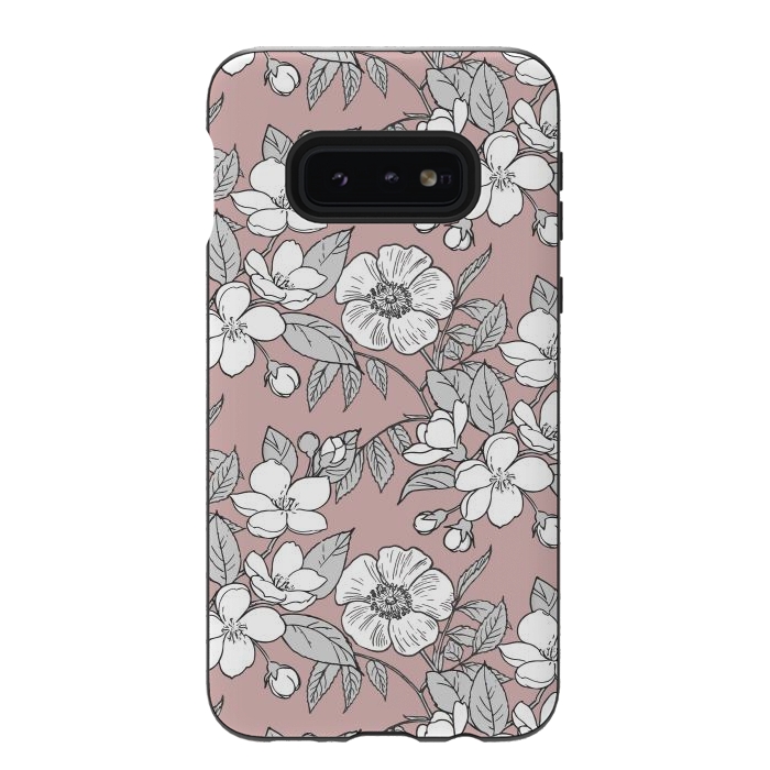 Galaxy S10e StrongFit White Cherry flowers line art drawing on pink by Oana 