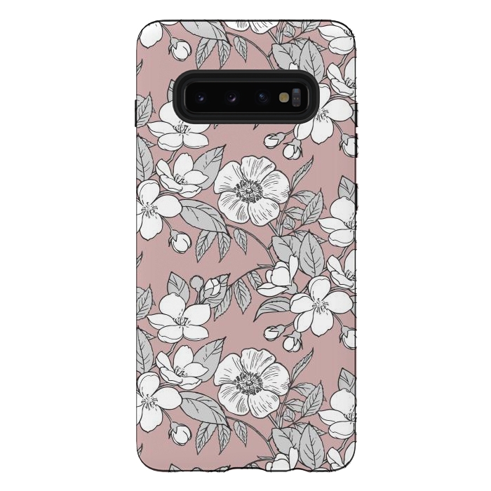 Galaxy S10 plus StrongFit White Cherry flowers line art drawing on pink by Oana 