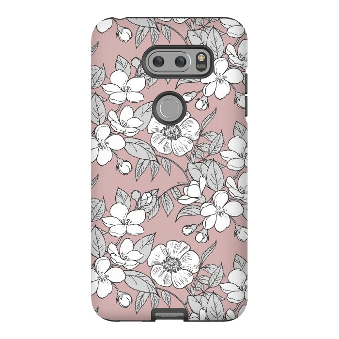 V30 StrongFit White Cherry flowers line art drawing on pink by Oana 