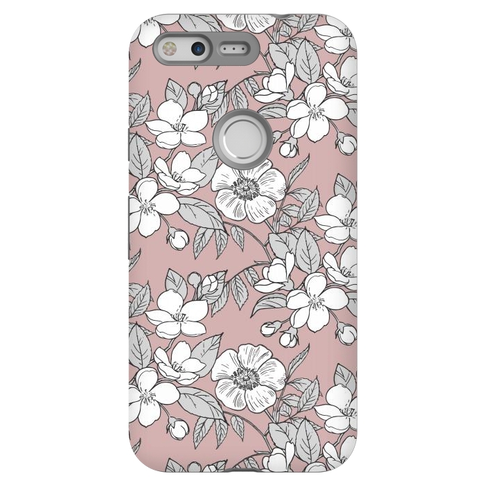 Pixel StrongFit White Cherry flowers line art drawing on pink by Oana 