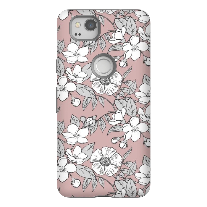 Pixel 2 StrongFit White Cherry flowers line art drawing on pink by Oana 