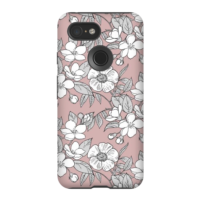 Pixel 3 StrongFit White Cherry flowers line art drawing on pink by Oana 