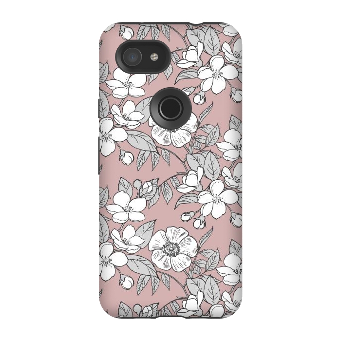 Pixel 3A StrongFit White Cherry flowers line art drawing on pink by Oana 