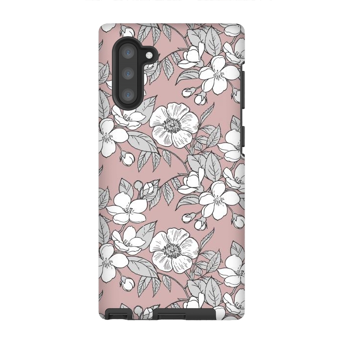 Galaxy Note 10 StrongFit White Cherry flowers line art drawing on pink by Oana 