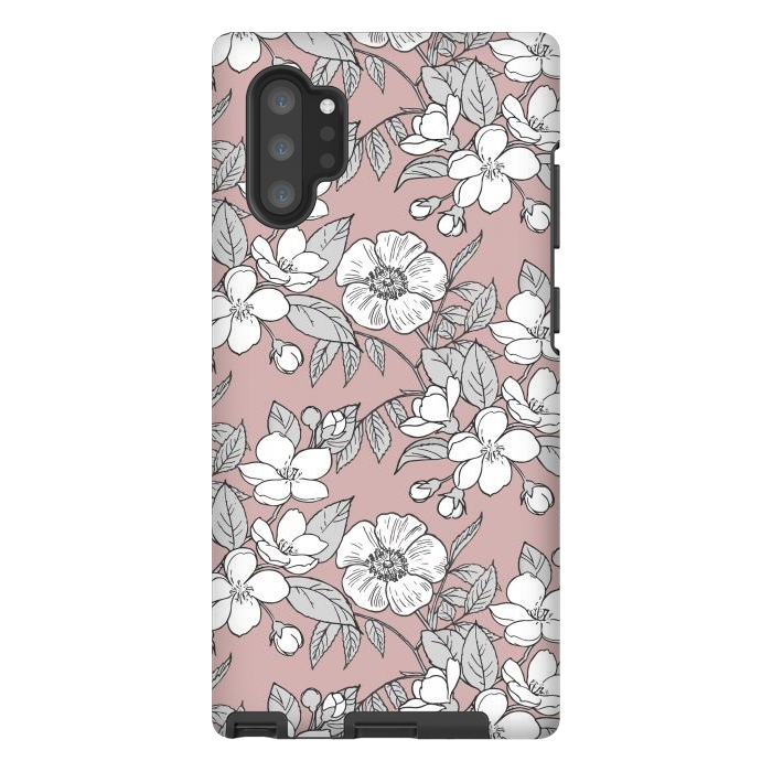 Galaxy Note 10 plus StrongFit White Cherry flowers line art drawing on pink by Oana 