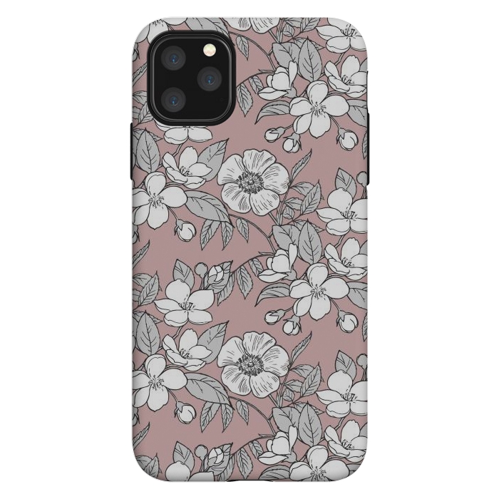 iPhone 11 Pro Max StrongFit White Cherry flowers line art drawing on pink by Oana 