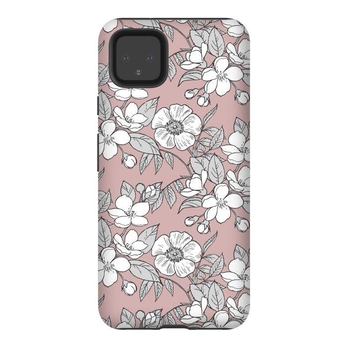 Pixel 4XL StrongFit White Cherry flowers line art drawing on pink by Oana 