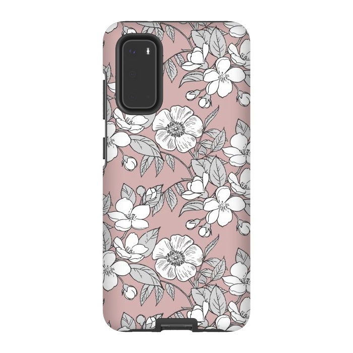 Galaxy S20 StrongFit White Cherry flowers line art drawing on pink by Oana 