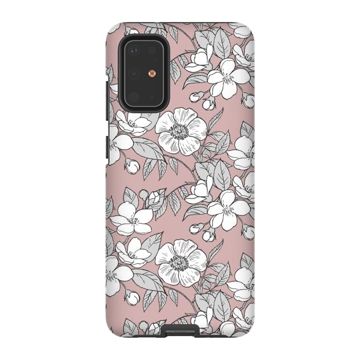 Galaxy S20 Plus StrongFit White Cherry flowers line art drawing on pink by Oana 