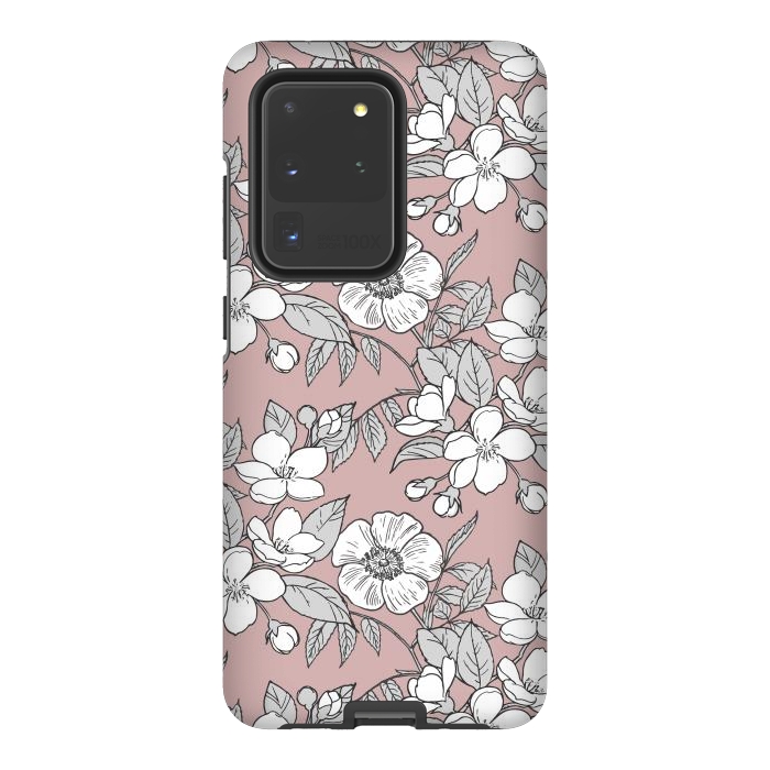 Galaxy S20 Ultra StrongFit White Cherry flowers line art drawing on pink by Oana 