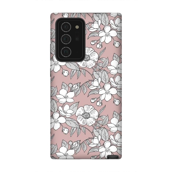 Galaxy Note 20 Ultra StrongFit White Cherry flowers line art drawing on pink by Oana 