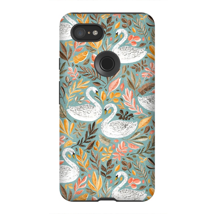 Pixel 3XL StrongFit Whimsical White Swans with Autumn Leaves on Sage by Micklyn Le Feuvre