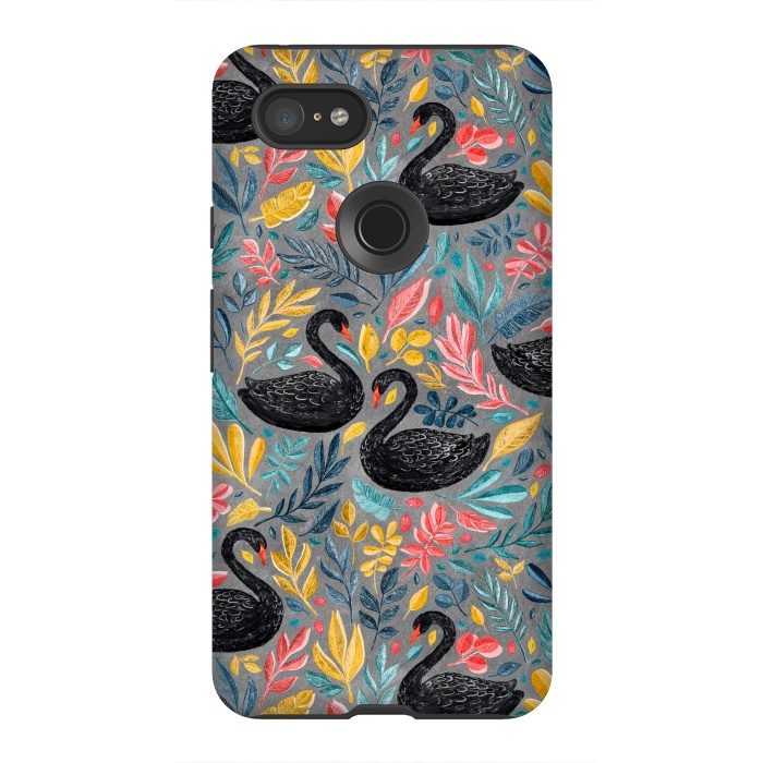 Pixel 3XL StrongFit Bonny Black Swans with Lots of Leaves on Grey by Micklyn Le Feuvre