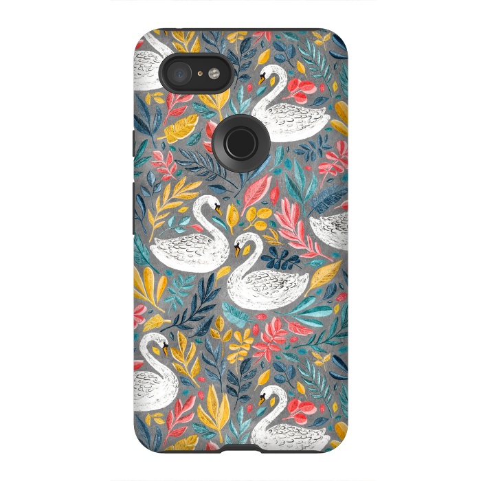 Pixel 3XL StrongFit Whimsical White Swans with Lots of Leaves on Grey by Micklyn Le Feuvre