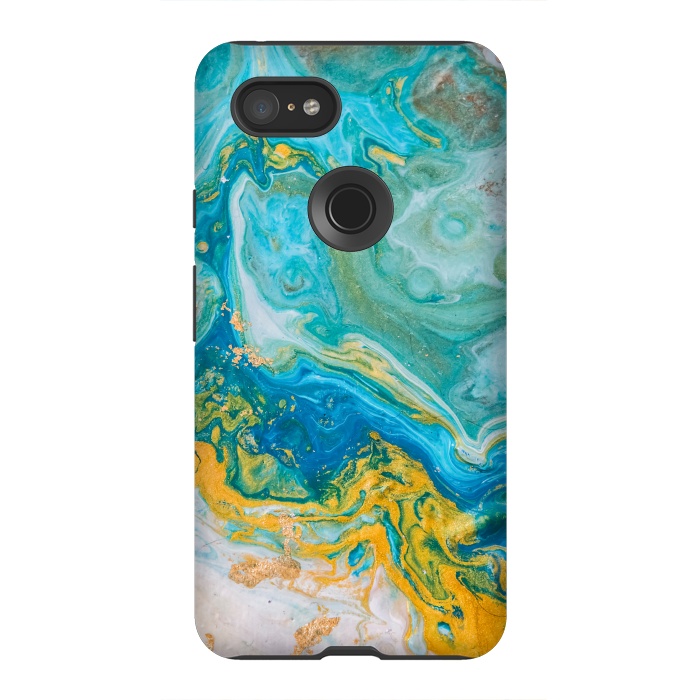 Pixel 3XL StrongFit Blue Acrylic Texture with Golden Marble Motifs by ArtsCase