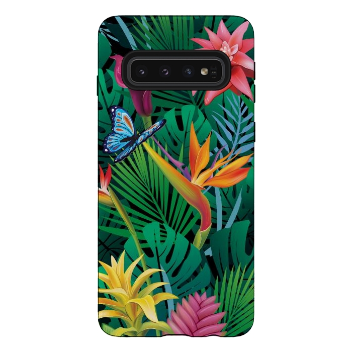 Galaxy S10 StrongFit Cute Tropical Floral Design Green Pink and Purple by ArtsCase