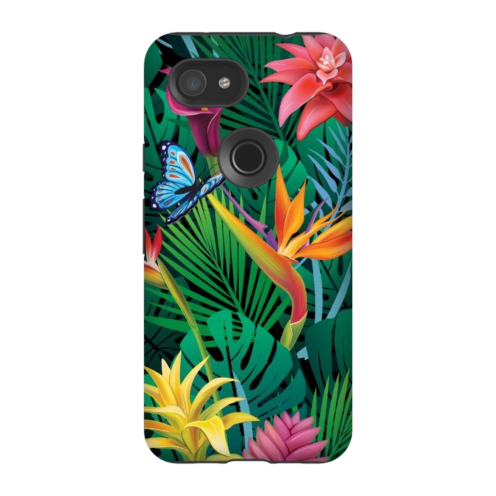 Pixel 3A StrongFit Cute Tropical Floral Design Green Pink and Purple by ArtsCase