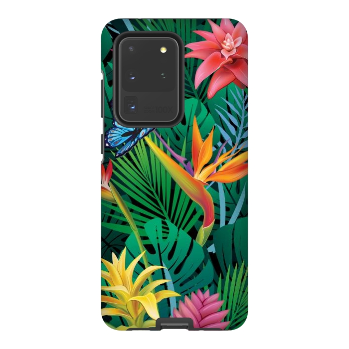 Galaxy S20 Ultra StrongFit Cute Tropical Floral Design Green Pink and Purple by ArtsCase