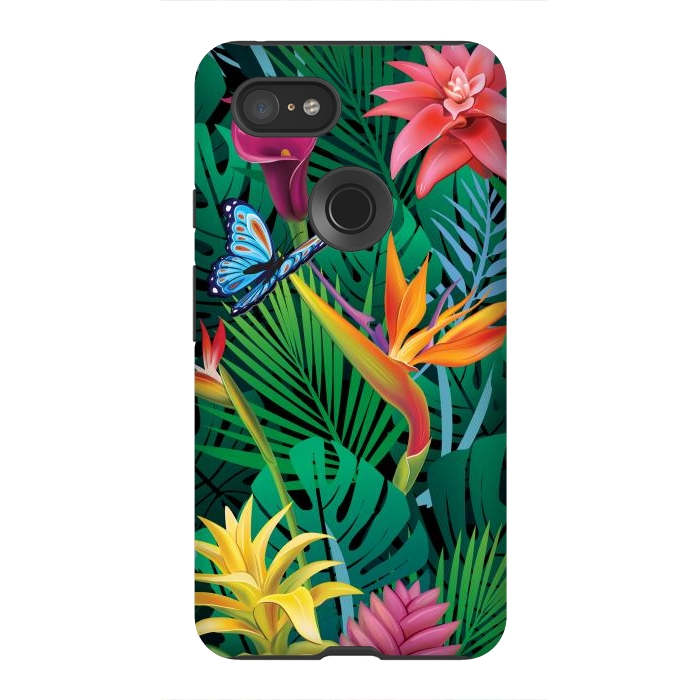 Pixel 3XL StrongFit Cute Tropical Floral Design Green Pink and Purple by ArtsCase