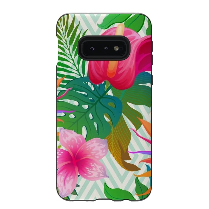 Galaxy S10e StrongFit Exotic Flowers and Leaves in Geometric Decoration by ArtsCase