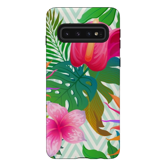 Galaxy S10 StrongFit Exotic Flowers and Leaves in Geometric Decoration by ArtsCase