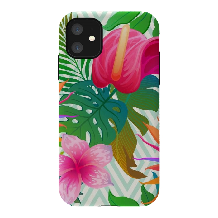 iPhone 11 StrongFit Exotic Flowers and Leaves in Geometric Decoration by ArtsCase