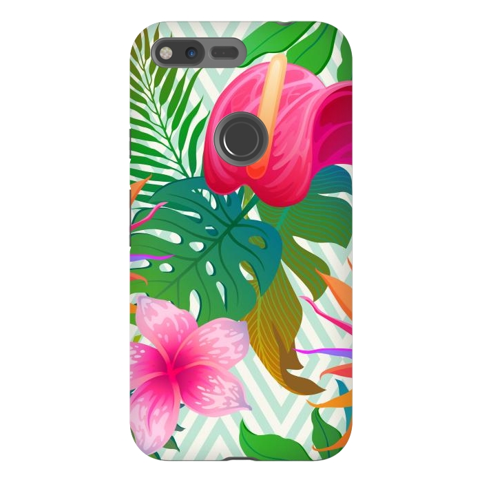 Pixel XL StrongFit Exotic Flowers and Leaves in Geometric Decoration by ArtsCase
