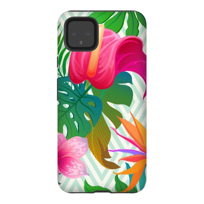 Pixel 4XL StrongFit Exotic Flowers and Leaves in Geometric Decoration by ArtsCase