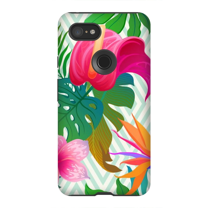 Pixel 3XL StrongFit Exotic Flowers and Leaves in Geometric Decoration by ArtsCase