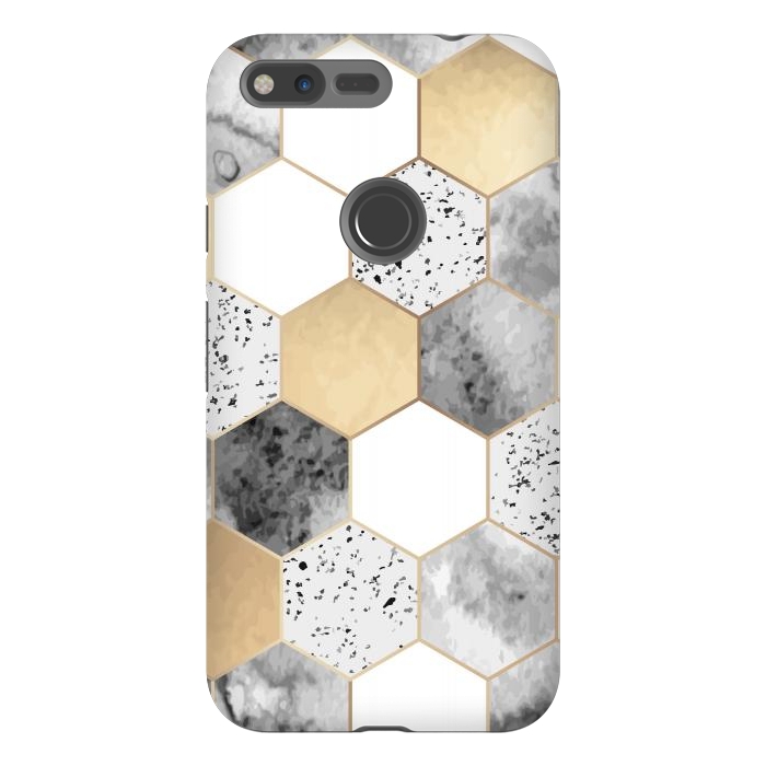 Pixel XL StrongFit Grey Marble and Watercolour Polygons by ArtsCase