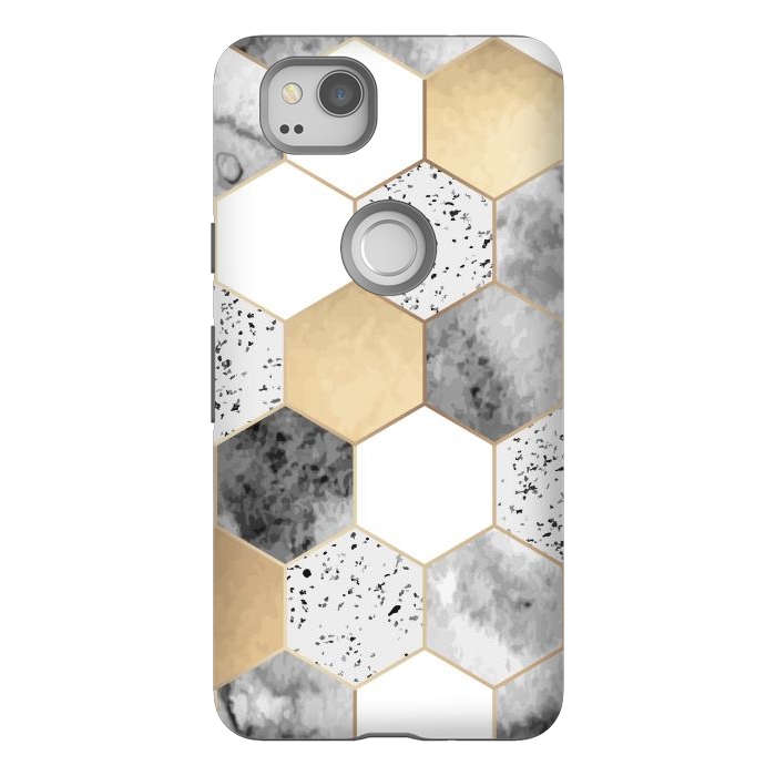Pixel 2 StrongFit Grey Marble and Watercolour Polygons by ArtsCase