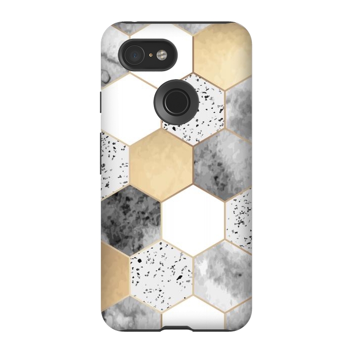 Pixel 3 StrongFit Grey Marble and Watercolour Polygons by ArtsCase