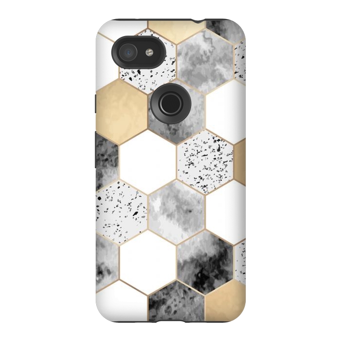 Pixel 3AXL StrongFit Grey Marble and Watercolour Polygons by ArtsCase