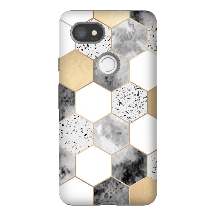 Pixel 2XL StrongFit Grey Marble and Watercolour Polygons by ArtsCase