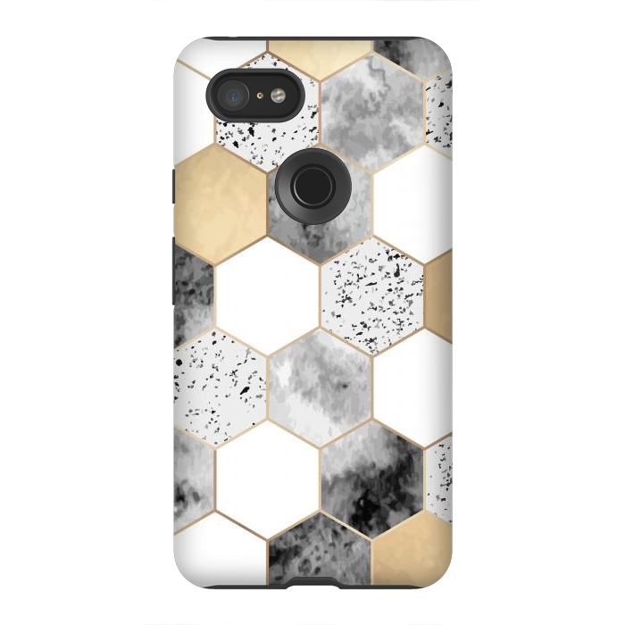 Pixel 3XL StrongFit Grey Marble and Watercolour Polygons by ArtsCase