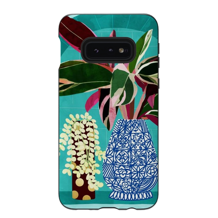 Galaxy S10e StrongFit Moroccan Shelfie | Tropical Teal Plants Botanical | Exotic Modern Bohemian Eclectic Décor  by Uma Prabhakar Gokhale