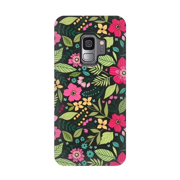 Galaxy S9 StrongFit Pretty Flowers on Dark Green Background by ArtsCase