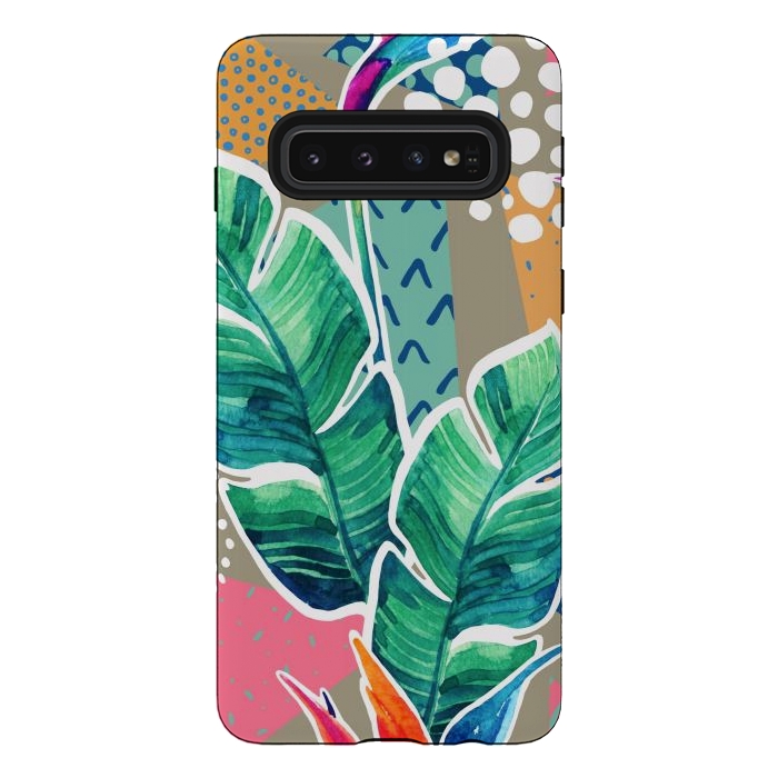Galaxy S10 StrongFit Tropical Flowers Watercolors with Geometric Outline by ArtsCase