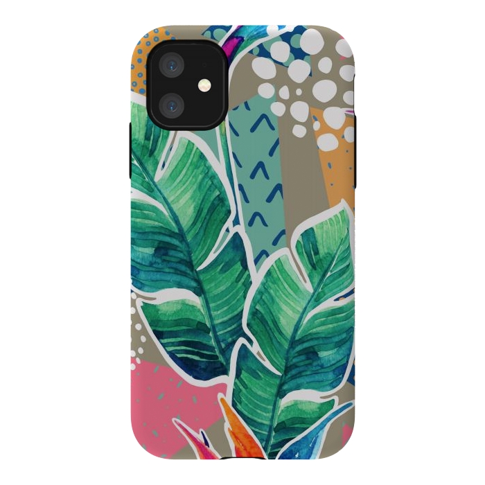 iPhone 11 StrongFit Tropical Flowers Watercolors with Geometric Outline by ArtsCase
