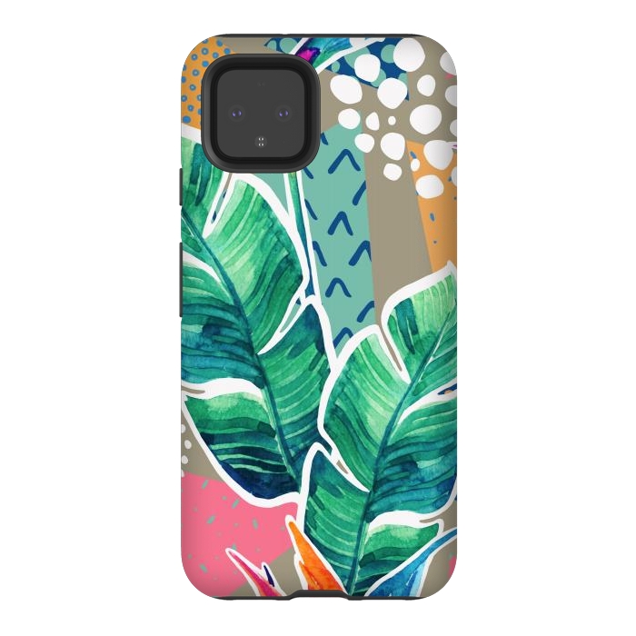 Pixel 4 StrongFit Tropical Flowers Watercolors with Geometric Outline by ArtsCase