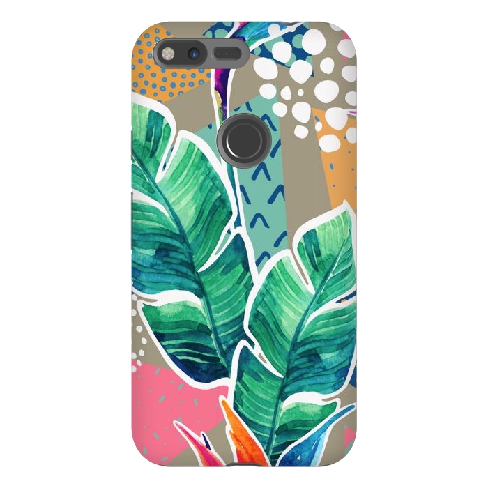 Pixel XL StrongFit Tropical Flowers Watercolors with Geometric Outline by ArtsCase