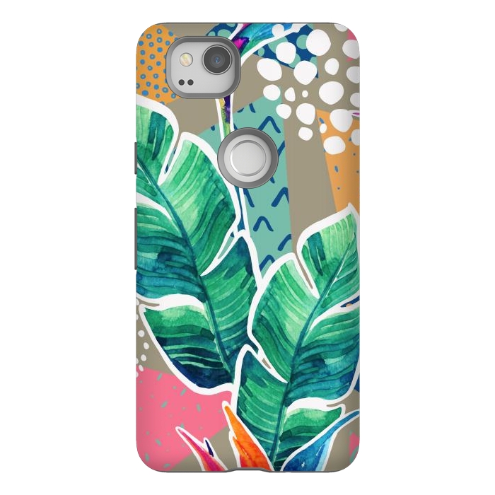 Pixel 2 StrongFit Tropical Flowers Watercolors with Geometric Outline by ArtsCase
